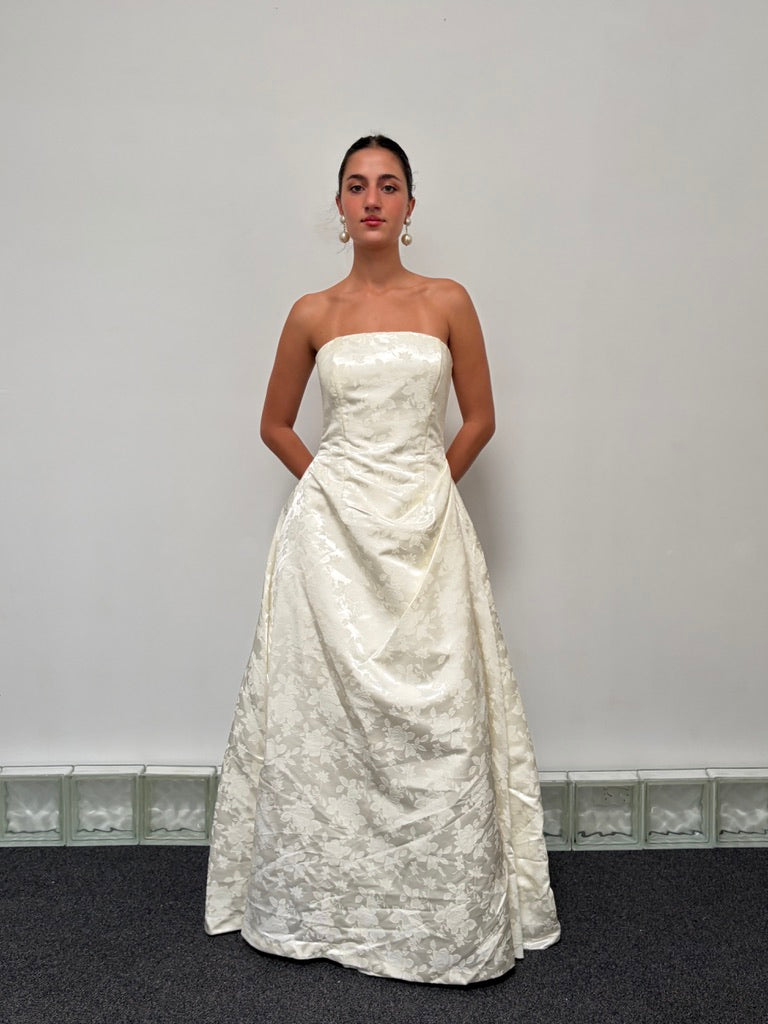 Vintage y2k cream satin strapless brocade wedding gown