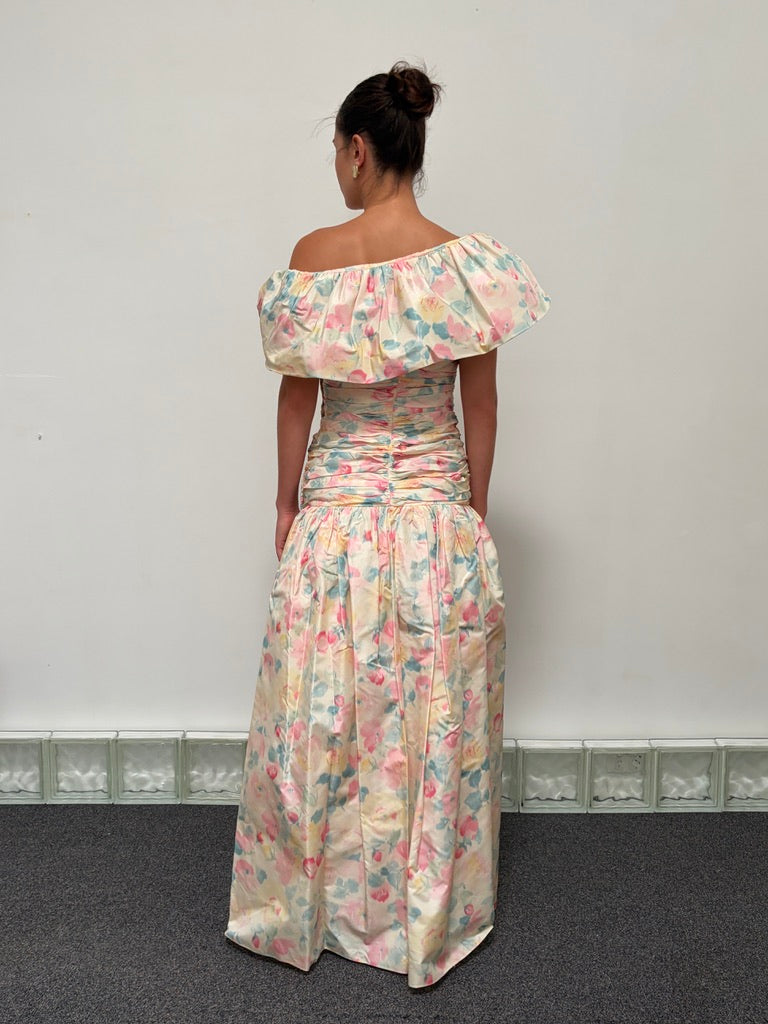 Vintage 80s rare Stephan Caras drop waist floral evening gown