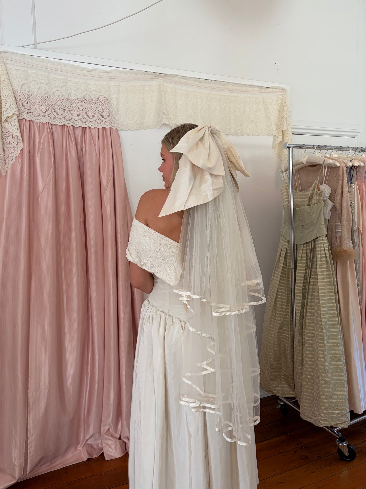 Vintage 90s cream basque waist off shoulder wedding dress