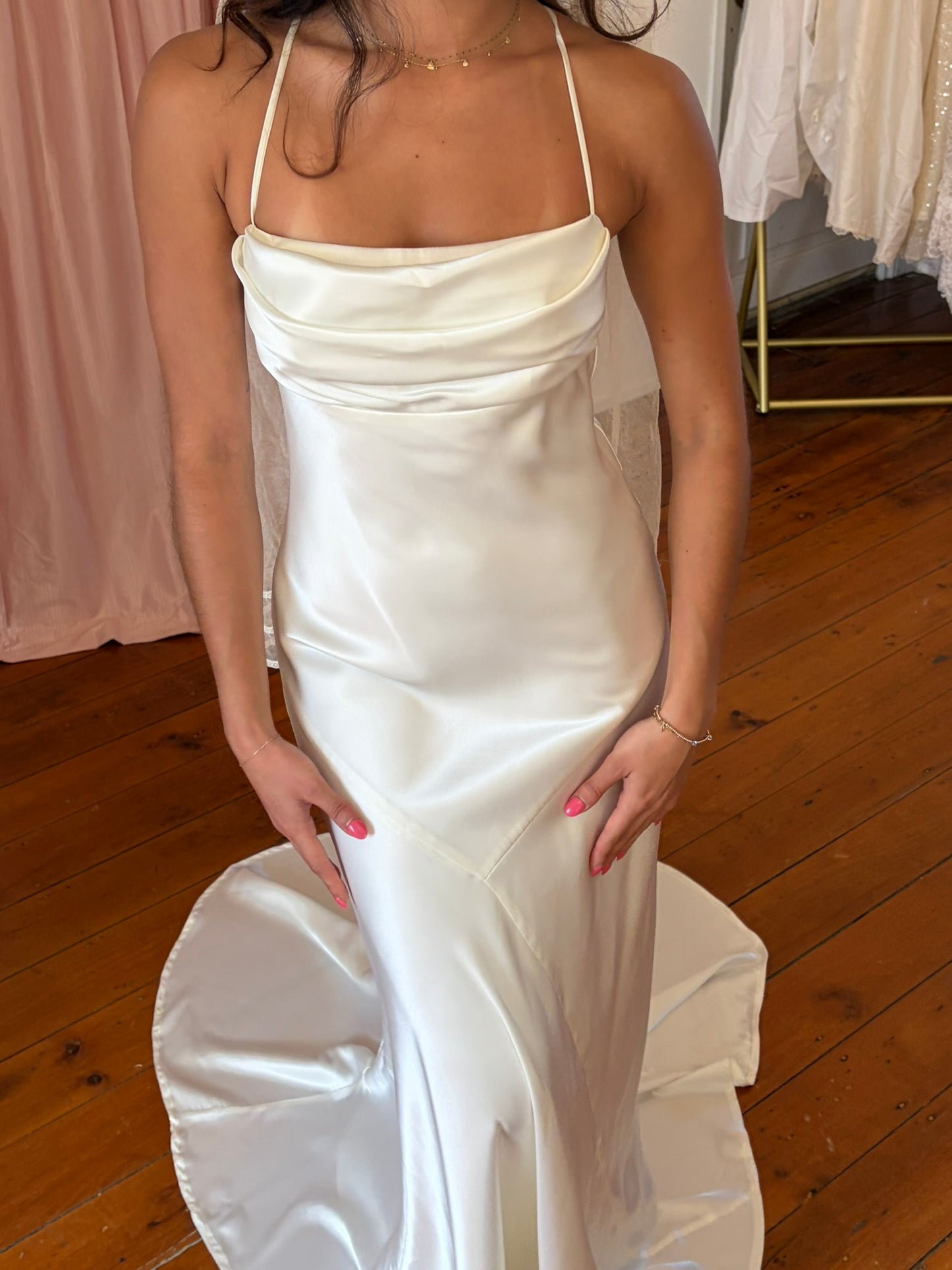 Vintage y2k ivory satin wedding dress with train