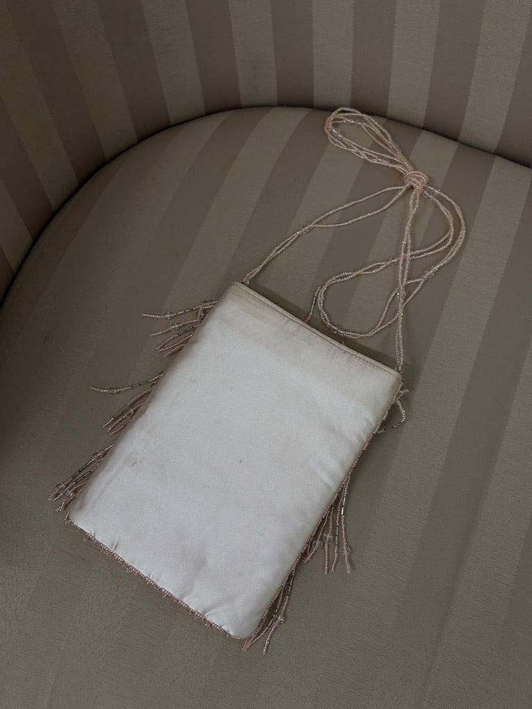 Vintage 90s pastel pink evening bag with beaded fringing