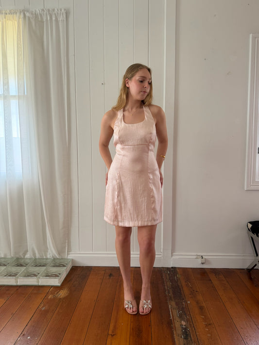 Vintage 90s baby pink shimmery halterneck mini dress