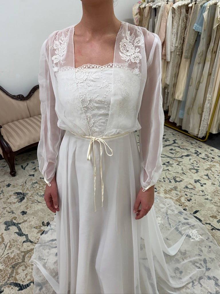 Vintage 70s ivory wedding dress with long sleeve bolero and train