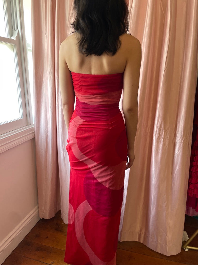 Vintage Y2K Kay Unger strapless gown with printed mesh overlay