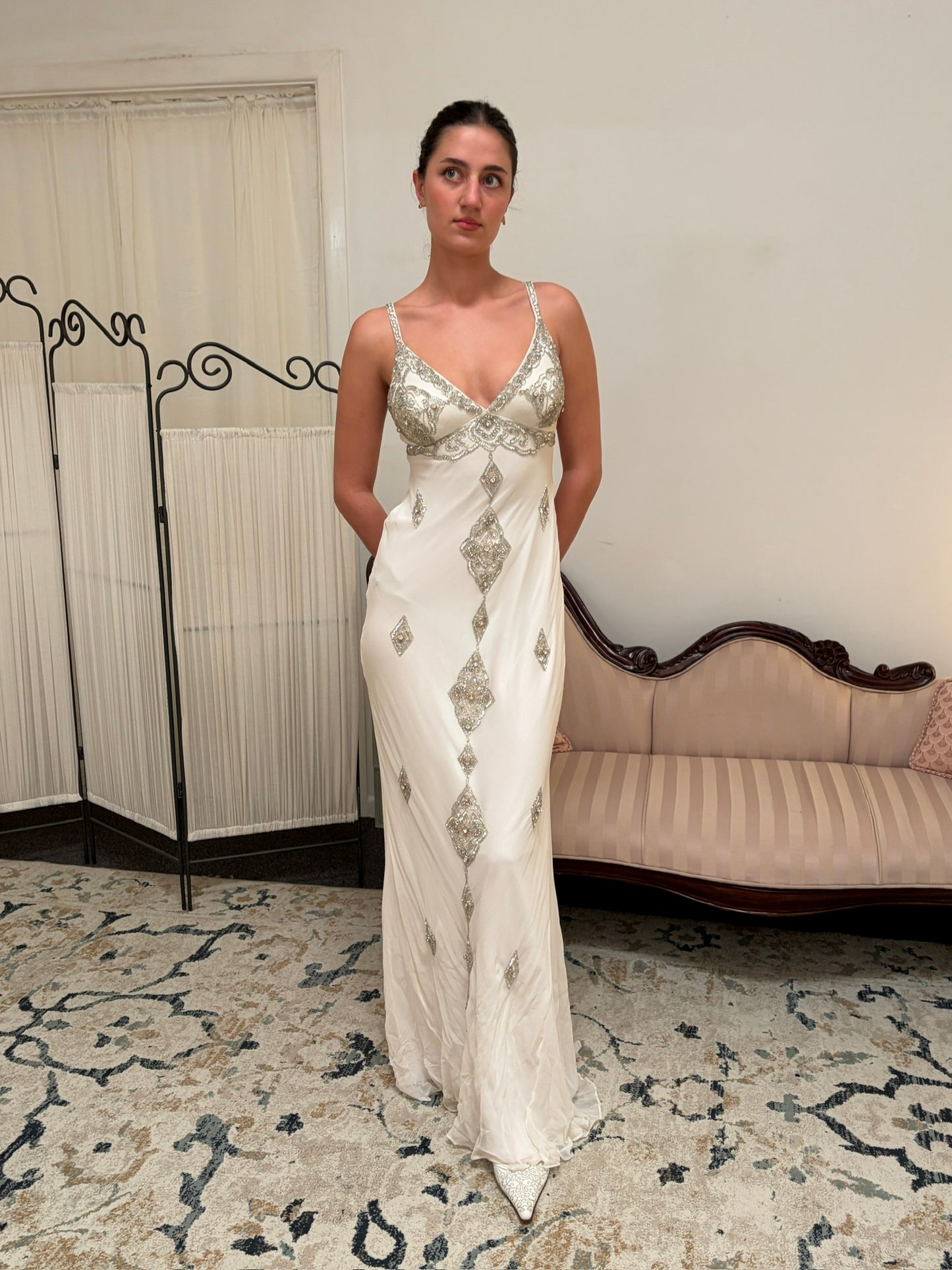 Vintage 00s Ruth Tarvydas ivory silk embellished wedding dress