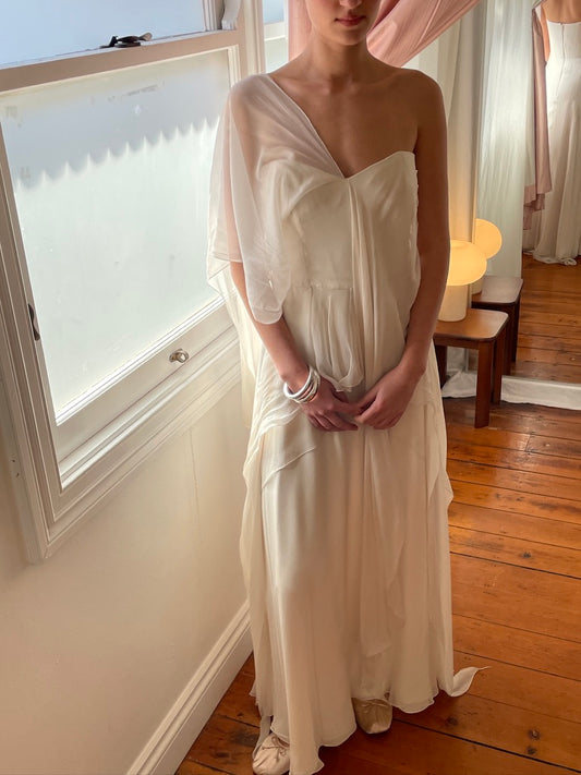Vintage 90s tiered silk georgette waterfall wedding gown