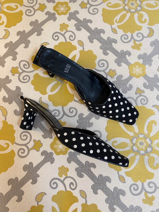 Vintage 90s black and white polka dot square toe mules