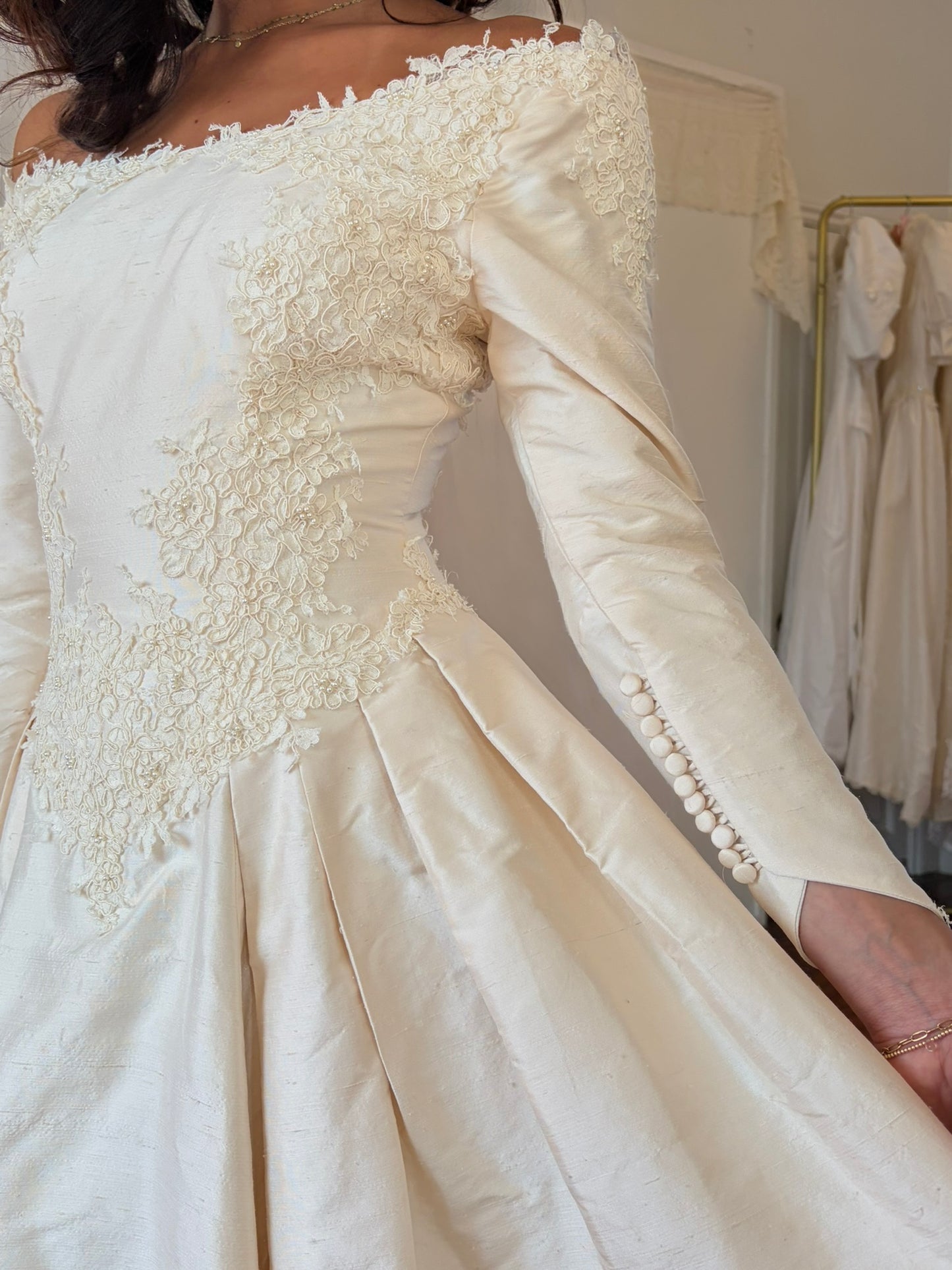 Vintage 1991 Silk dupion lone sleeve wedding gown with matching veil