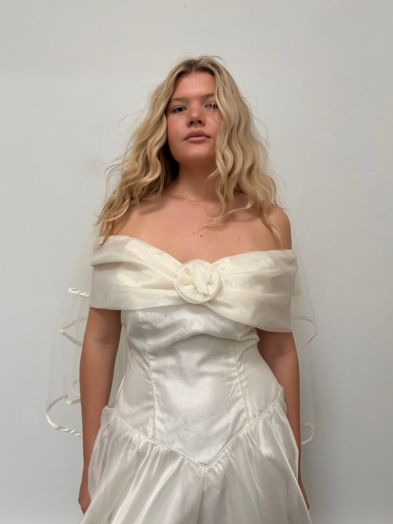 Vintage 90s basque waist organza tea length wedding dress