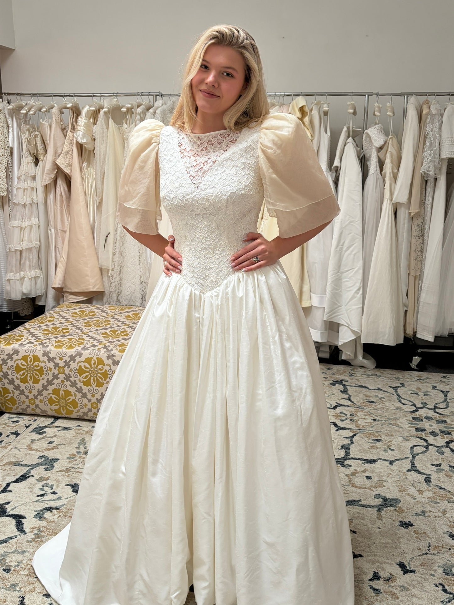 Vintage 1986 silk puff sleeve basque waist wedding dress with train