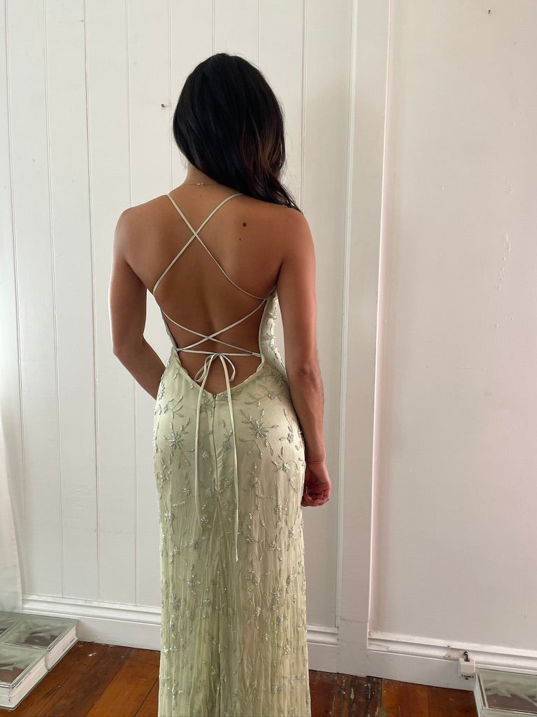 Vintage 90s pistachio green silk beaded evening dress