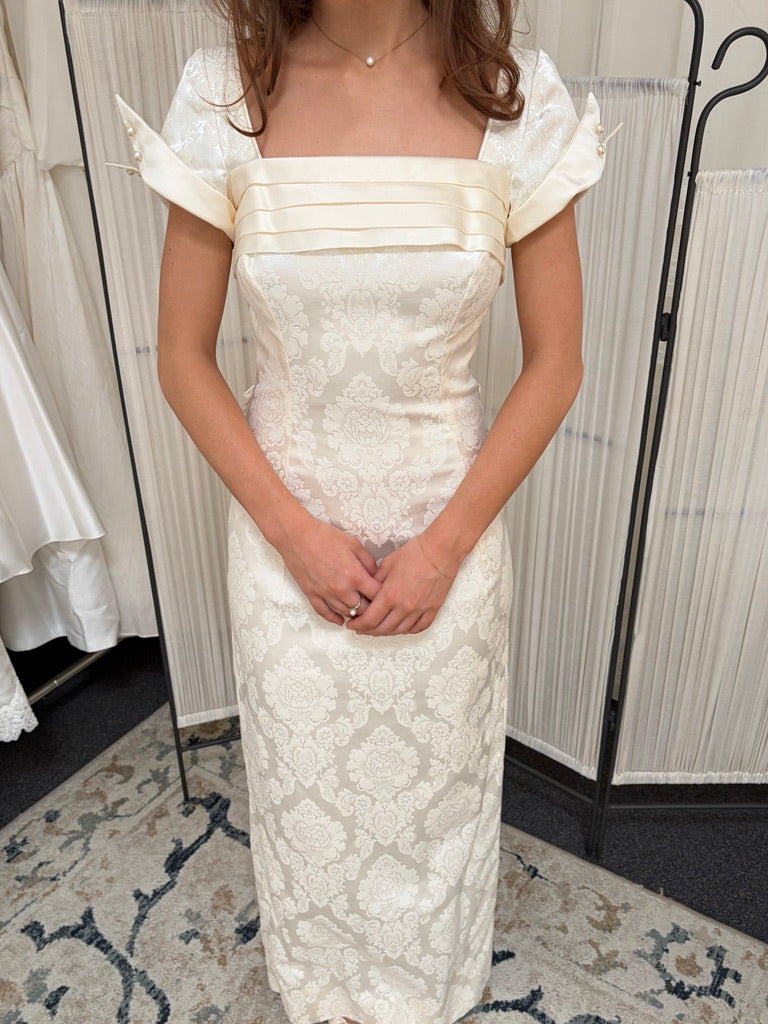 Vintage 90s jacquard column wedding dress with detachable train