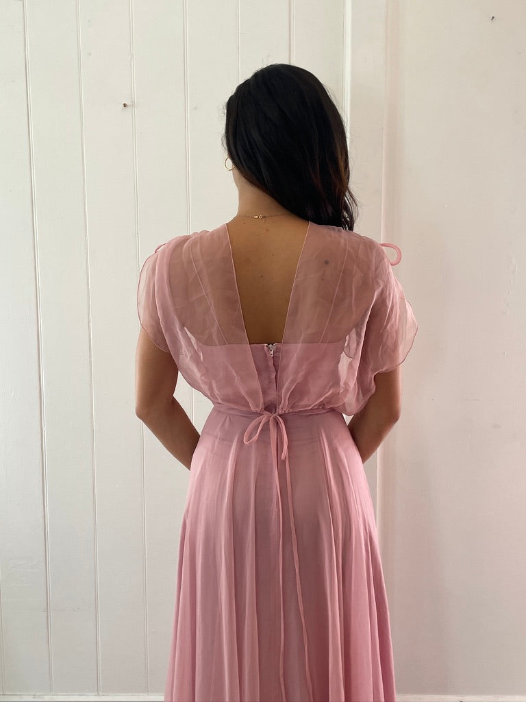 Vintage 70s dusty pink maxi dress with sheer bolero