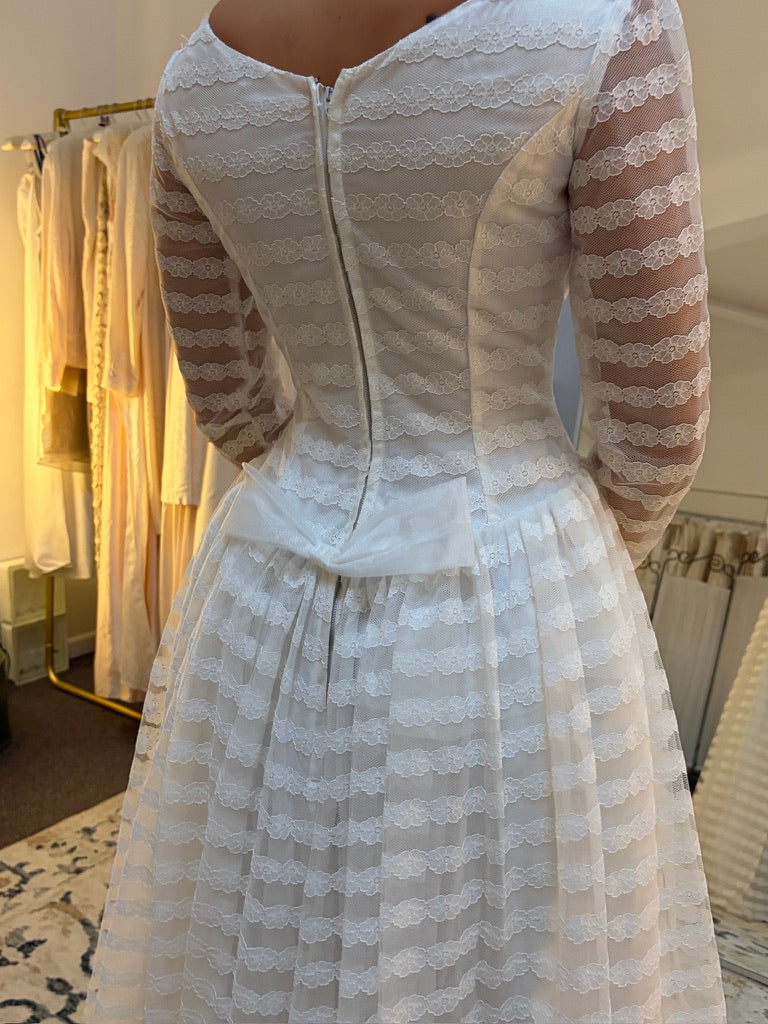 Vintage 60s lace long sleeve striped wedding gown with bows