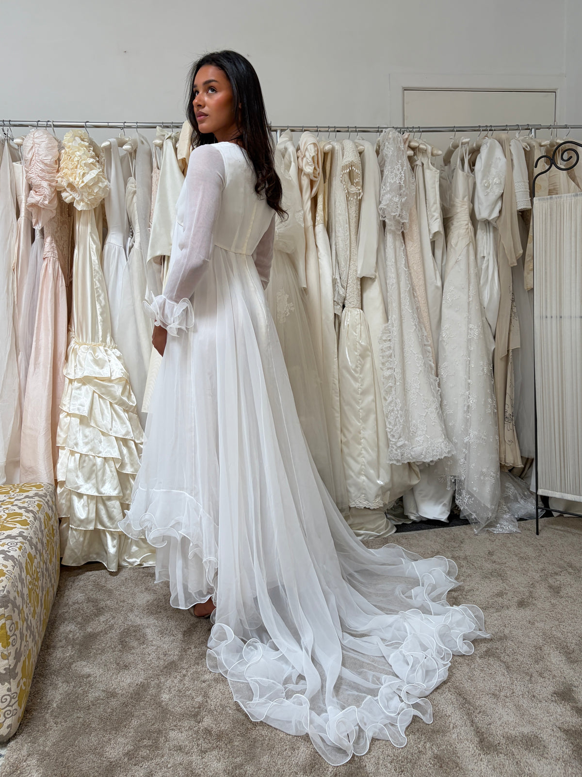 Vintage 70s Margo Prince ethereal ruffled chiffon long sleeve wedding dress with train