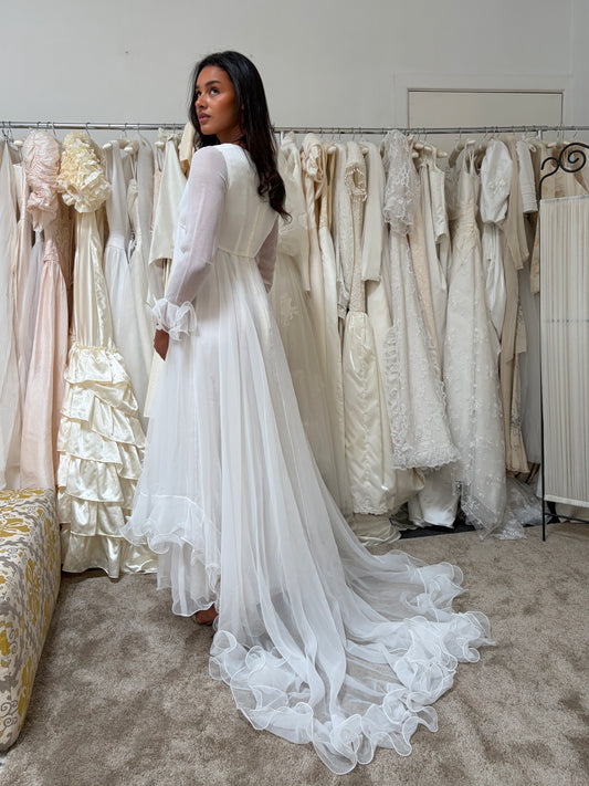 Vintage 70s Margo Prince ethereal ruffled chiffon long sleeve wedding dress with train