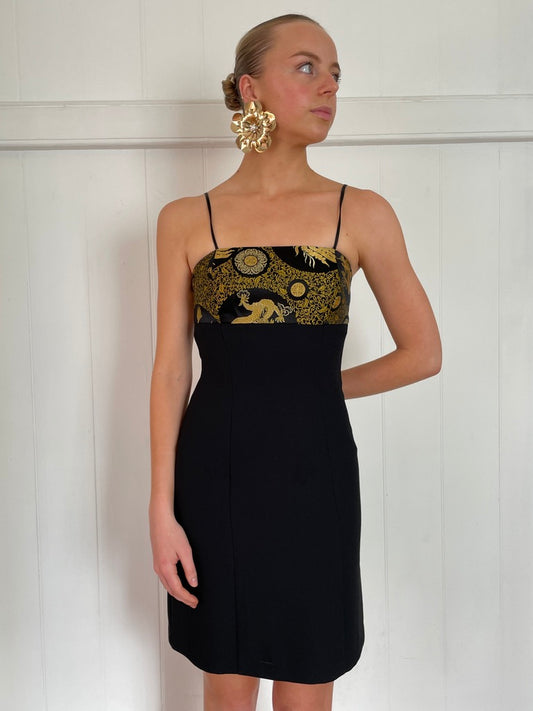 Vintage 90s black brocade mini dress