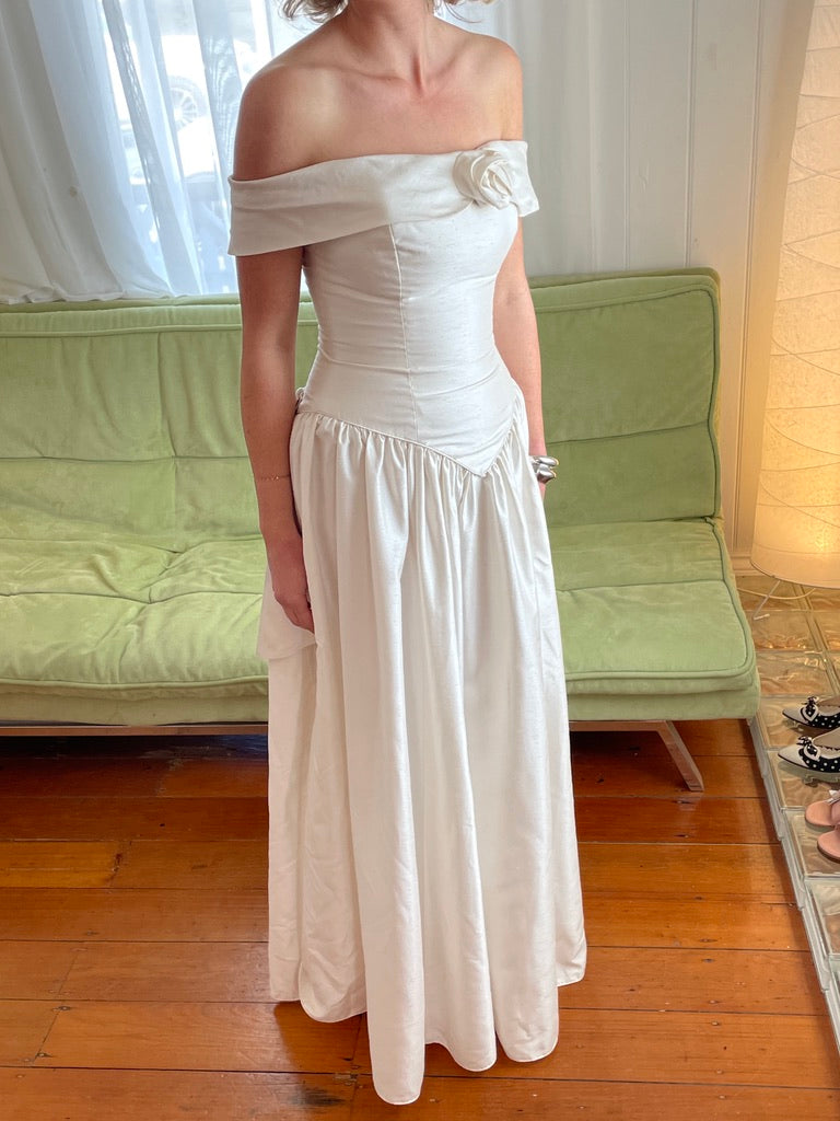 Vintage 90s silk basque waist off shoulder gown
