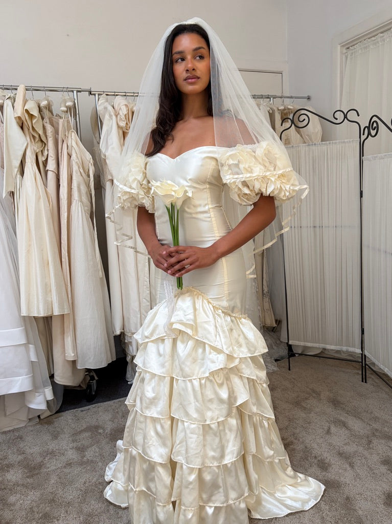 Vintage 00s cream satin drop waist tiered wedding dress