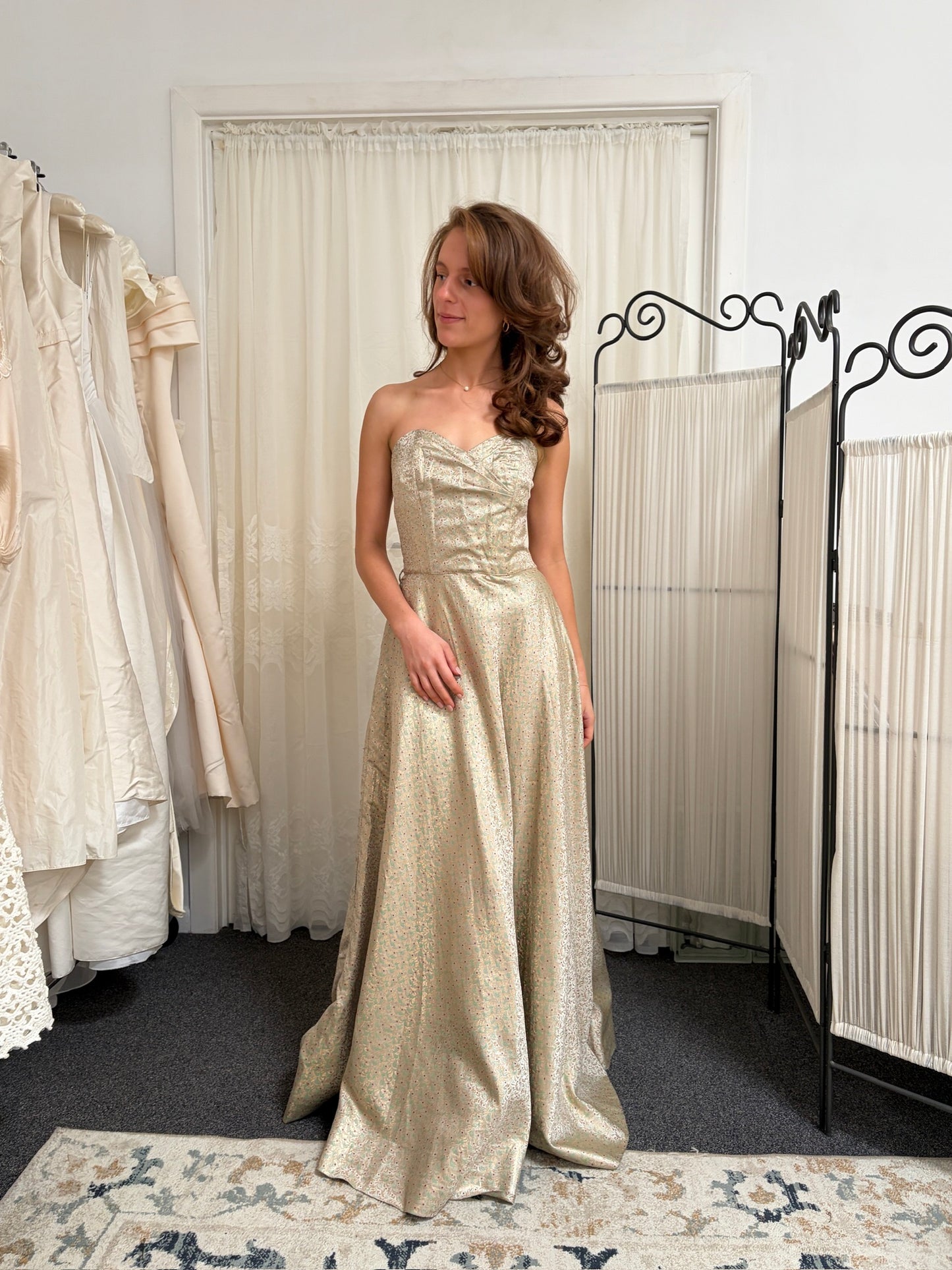 Vintage 50s gold brocade strapless evening gown with jacket