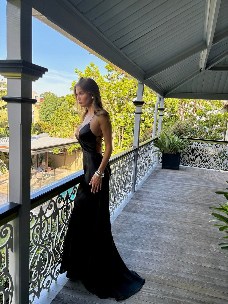 Gala Dress - Vintage 90s black satin evening gown with train