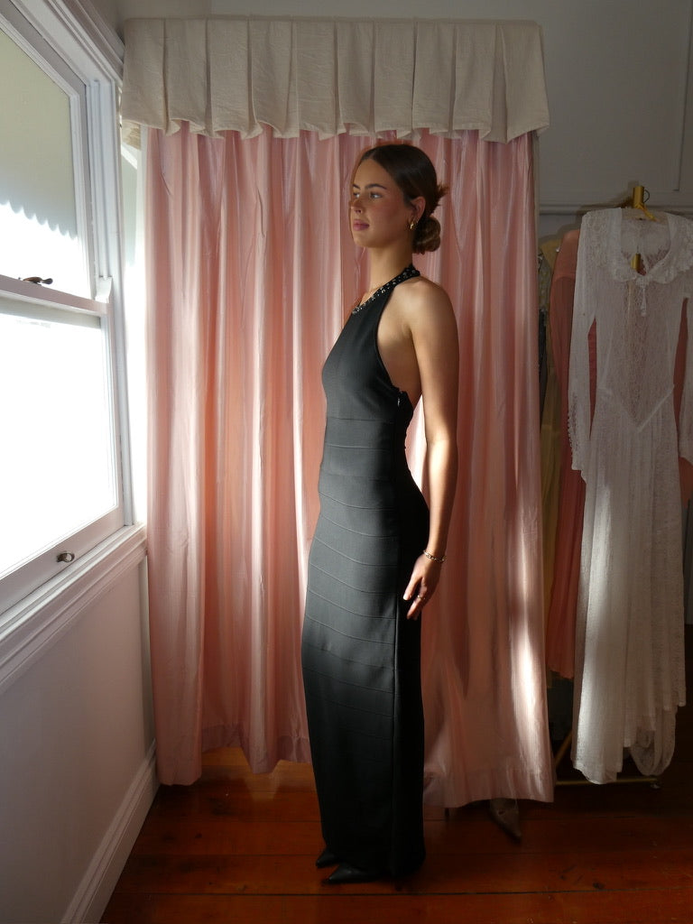 Sydney Dress - Vintage Y2K Hervé Léger high neck black bandage gown