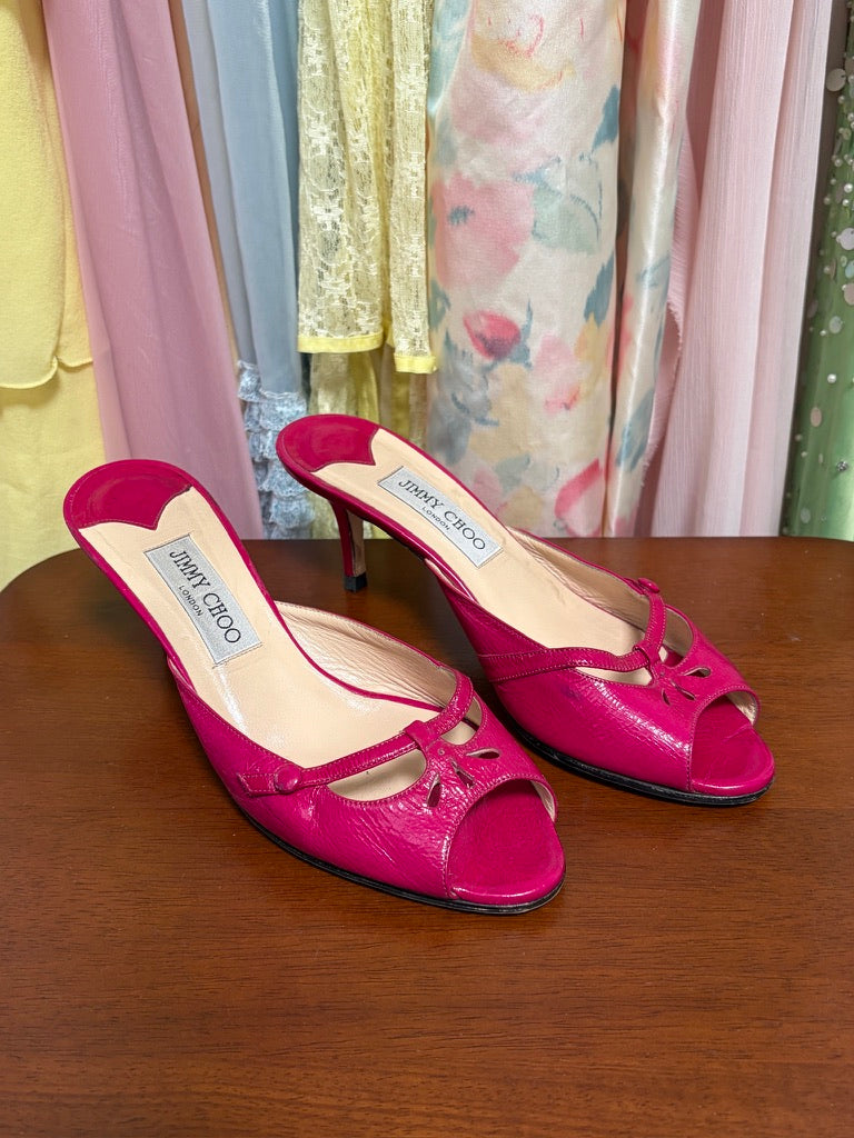 Vintage Jimmy Choo hot pink patent leather mule kitten heels