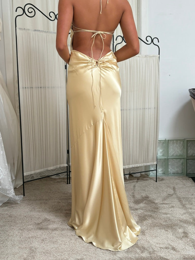 Vintage 90s Jenny Bannister open back champagne evening gown