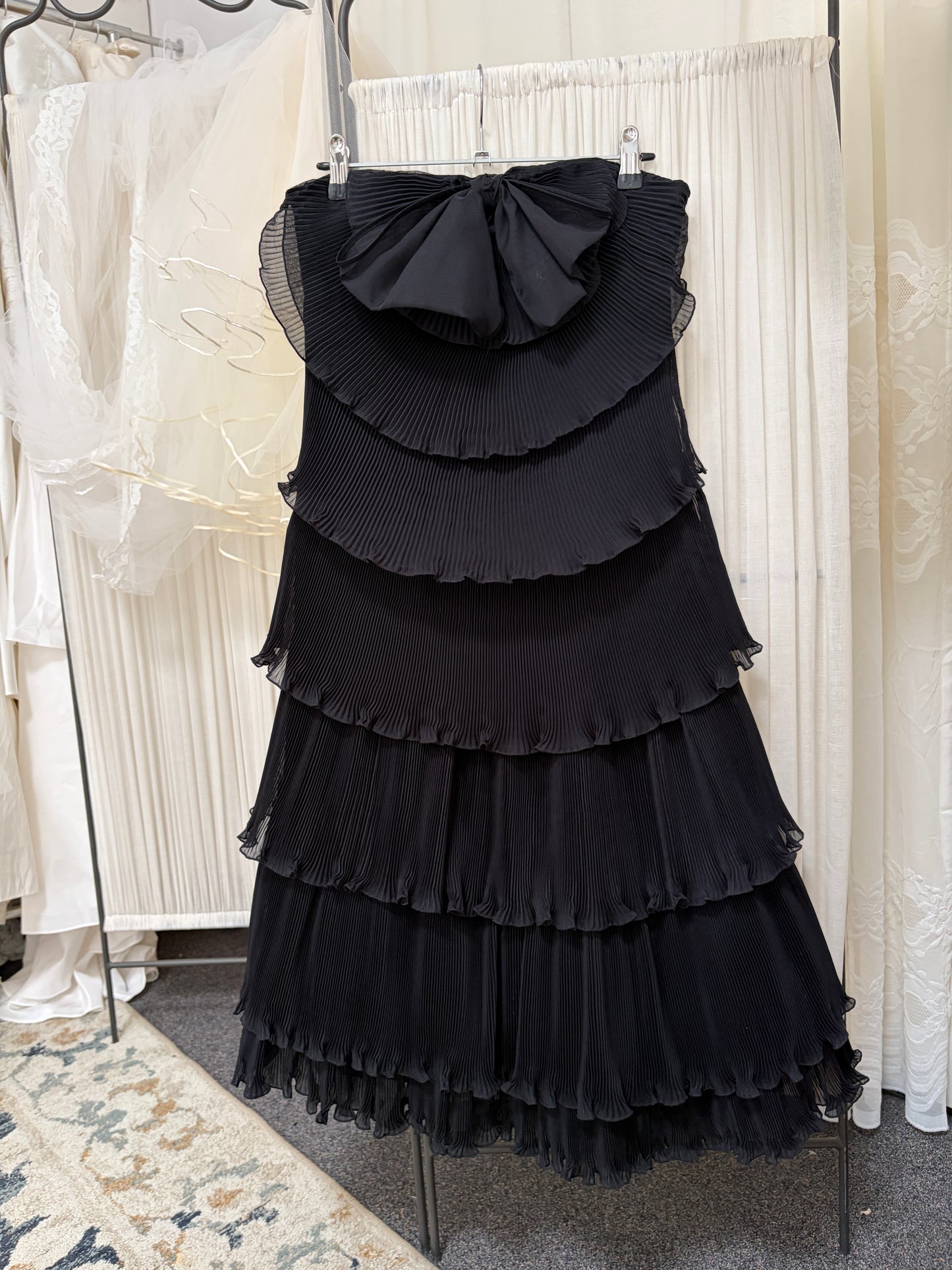 Vintage 80s Frank Usher tiered pleated black strapless dress