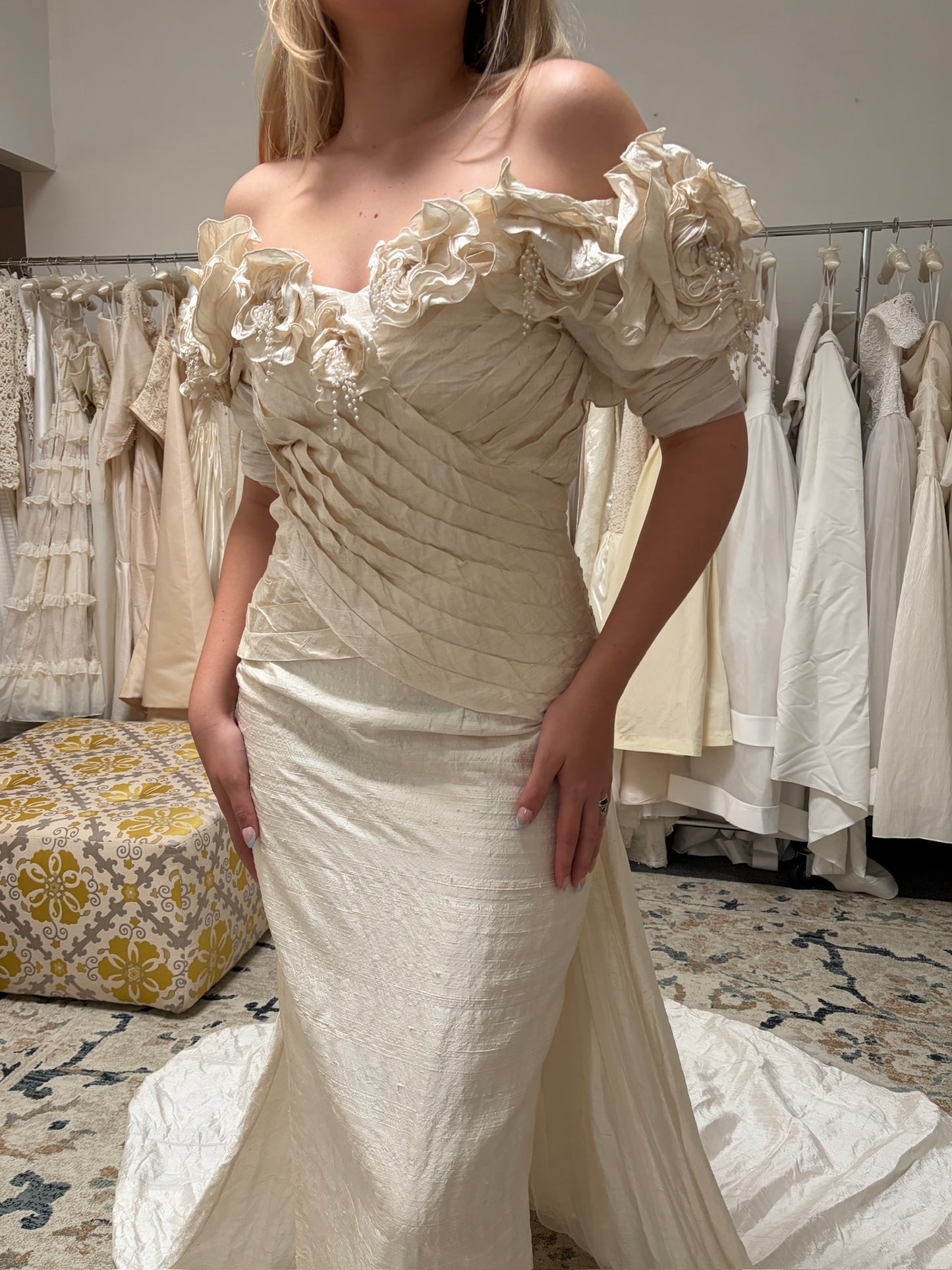 Vintage 90s Jean Fox pleated off shoulder wedding dress with detachable train