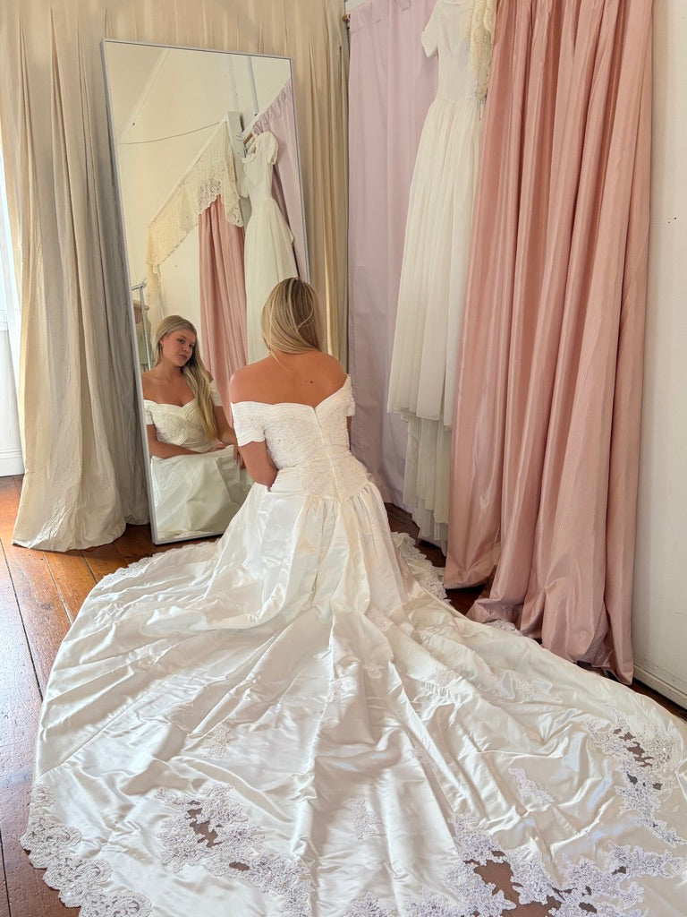 Vintage 90s ivory off shoulder pleated wedding gown with train