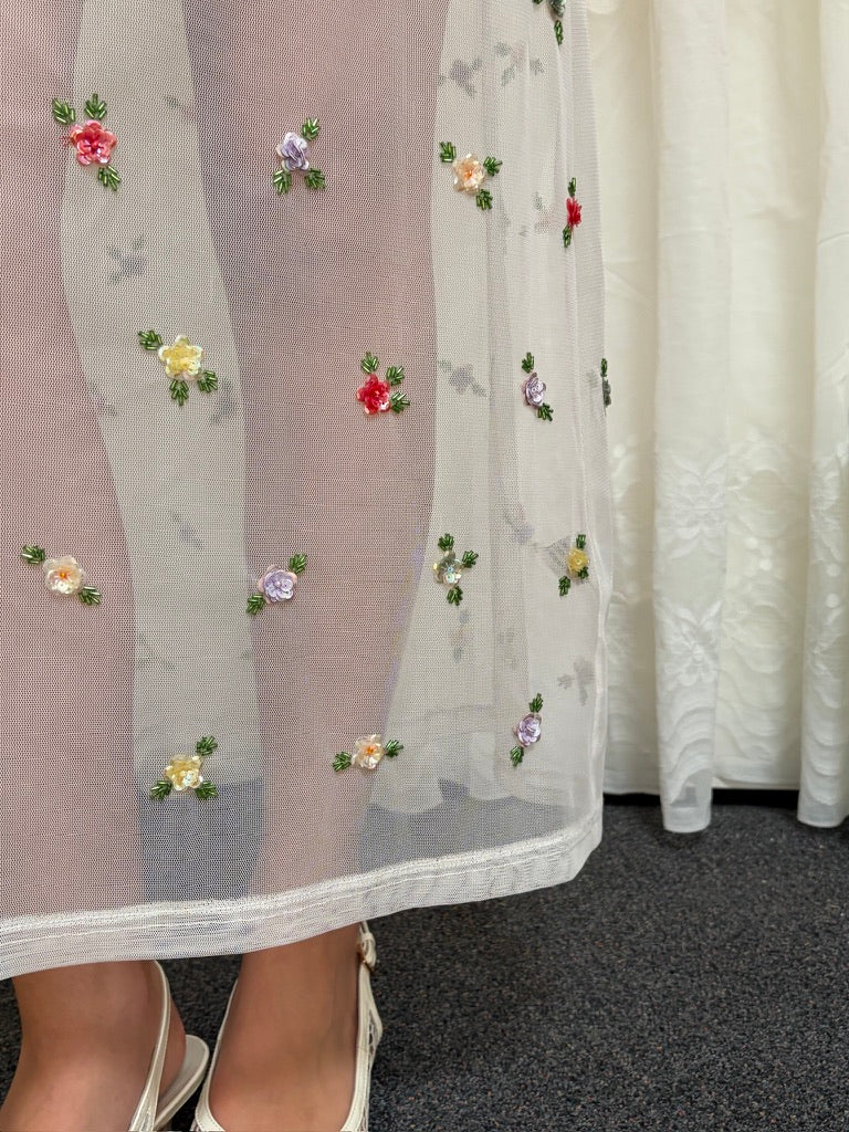 Vintage 90s ivory sheer slip dress with colourful beading