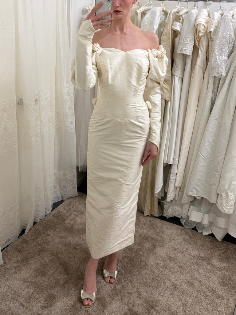 Vintage 90s silk dupion long sleeve rosette wedding gown with detachable train