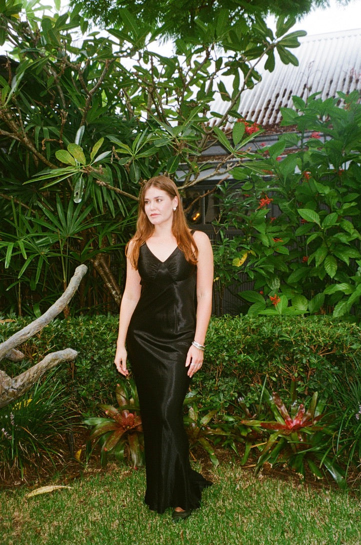 Vintage 80s does 30s black satin open back gown
