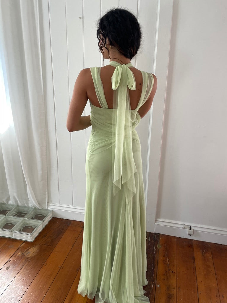Vintage Y2K Vera Wang matcha tulle gown with tie