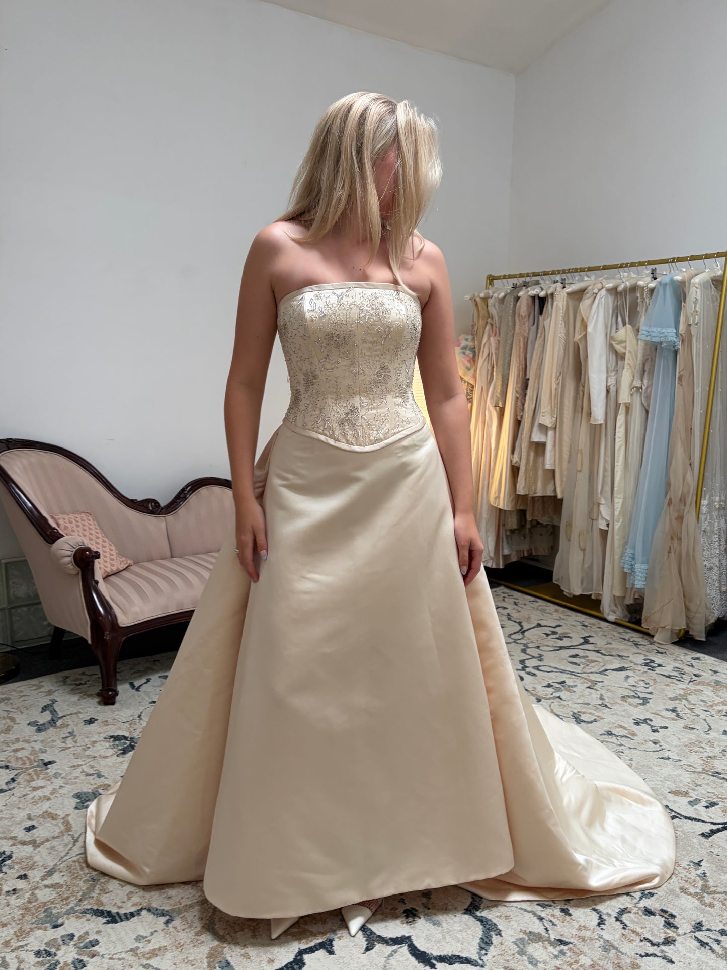 Vintage 00s Pronuptia champagne strapless wedding dress with detachable train