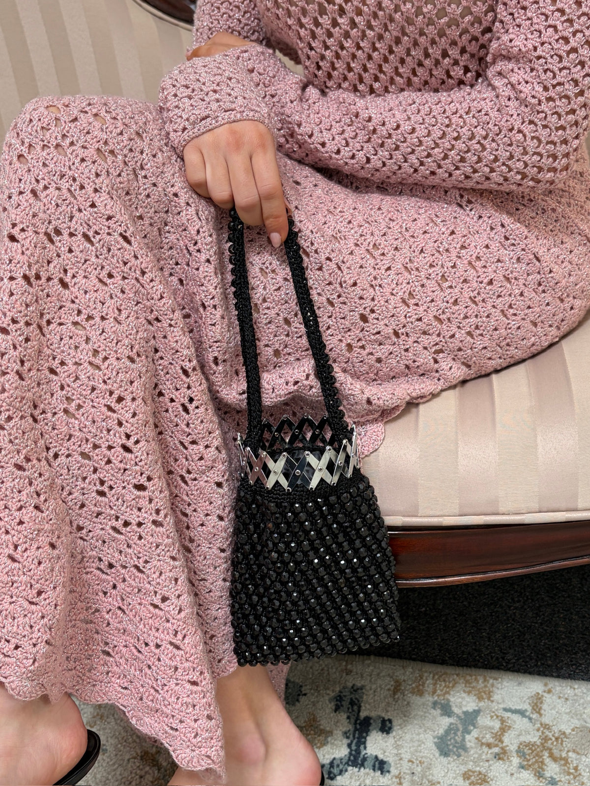 Vintage 60s black beaded accordion evening bag