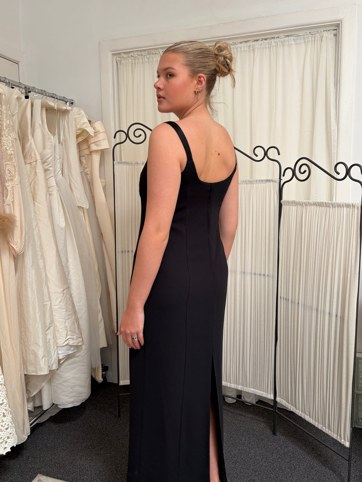 Vintage 90s reverse sweetheart black evening gown with buckles