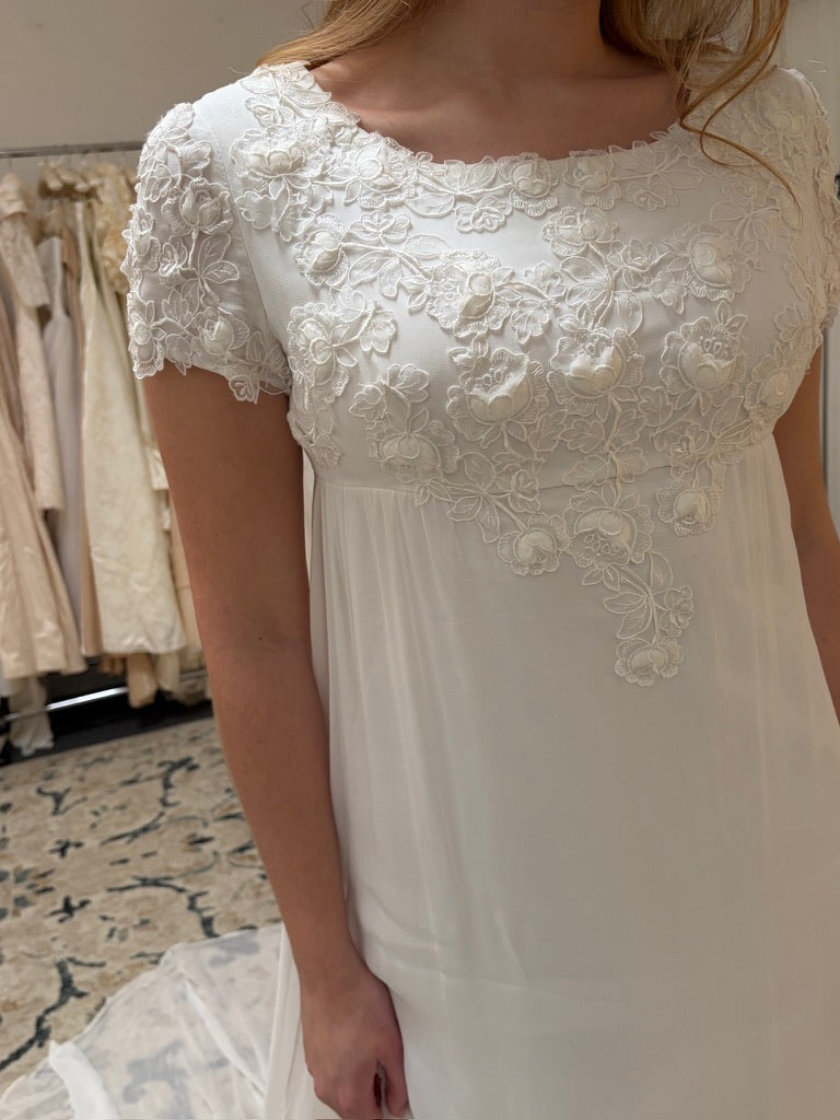 Vintage 60s column wedding dress with floral applique and dramatic train