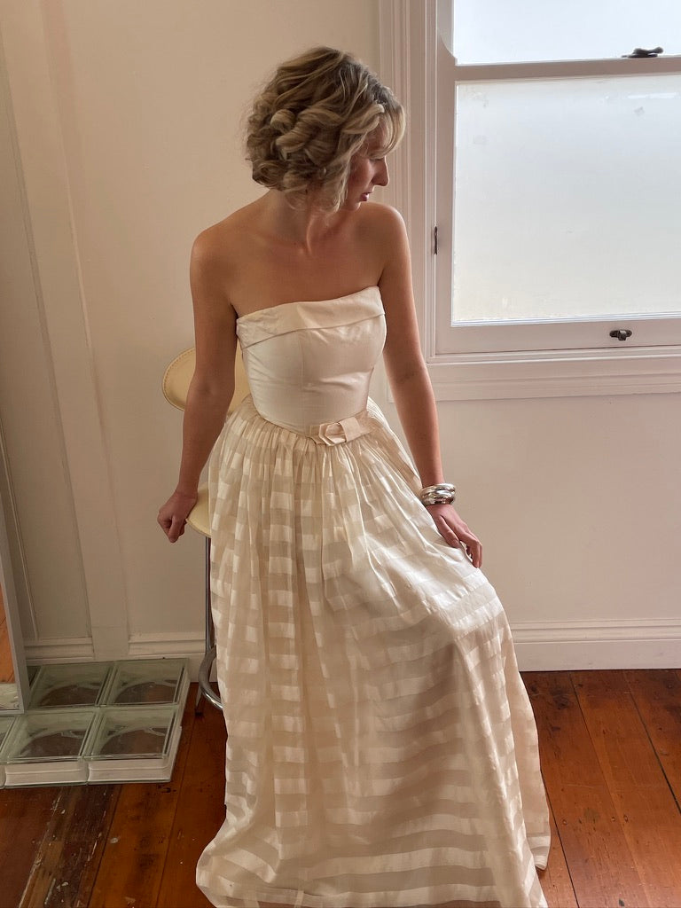 Vintage 1999 Wendy Makin Raw silk striped strapless gown