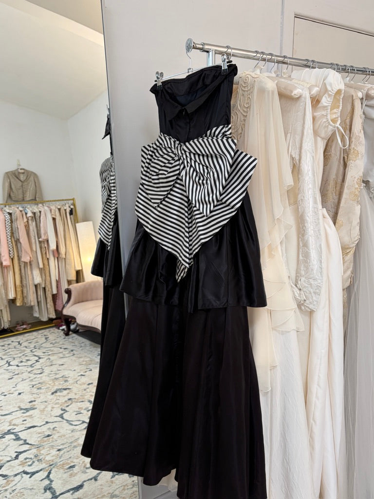 Vintage 1988 Jessica McClintock Gunne Sax black evening gown with striped bow