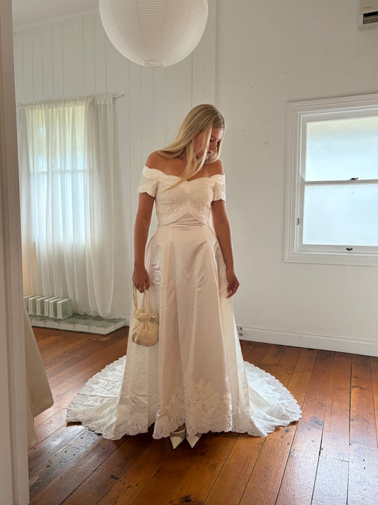 Vintage 90s ivory off shoulder pleated wedding gown with train