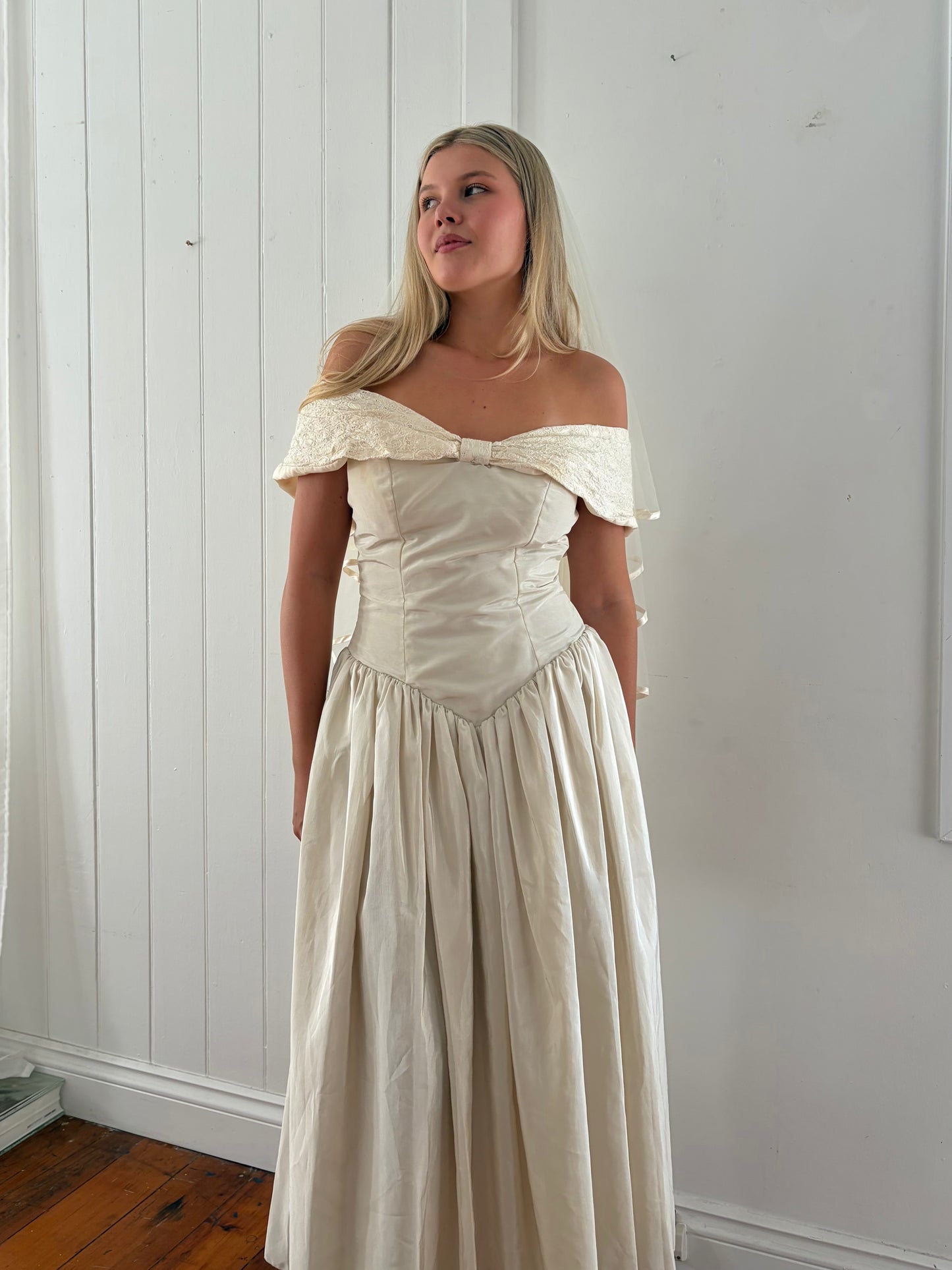 Vintage 90s cream basque waist off shoulder wedding dress