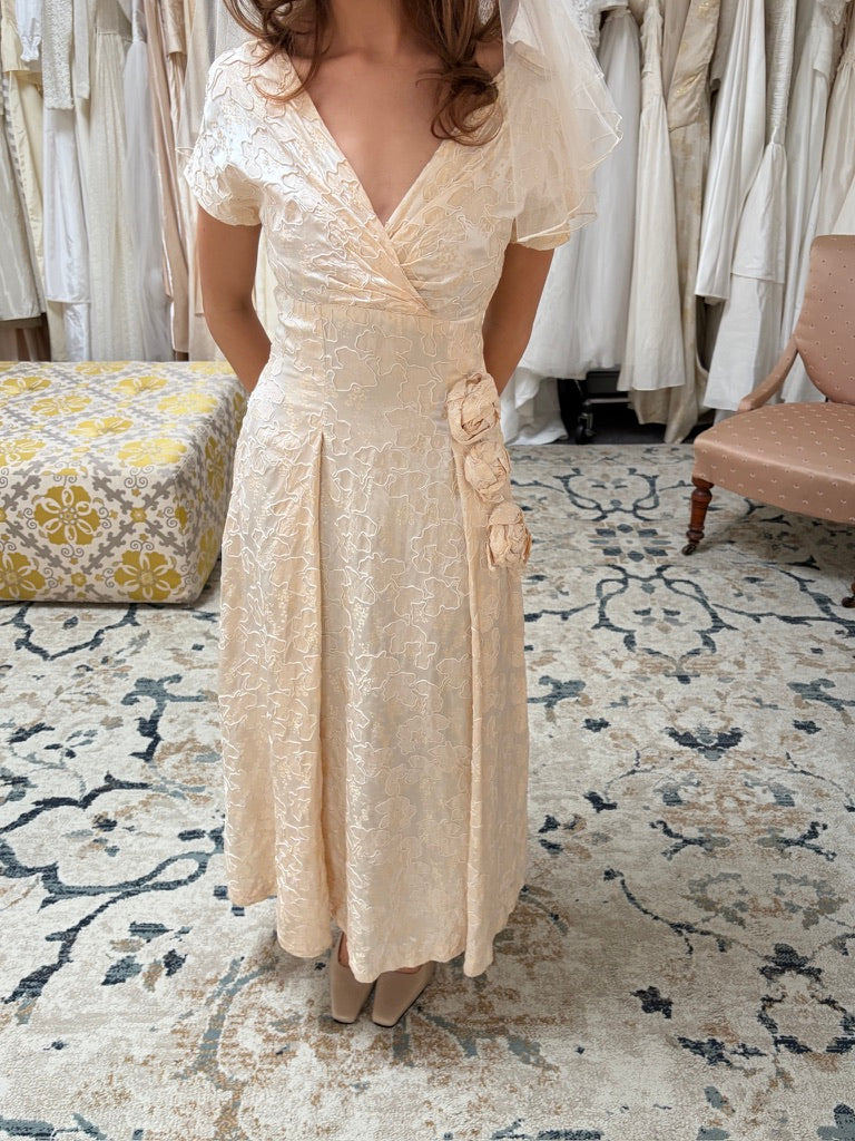Vintage 50s corded jacquard satin a-line dress with rosettes