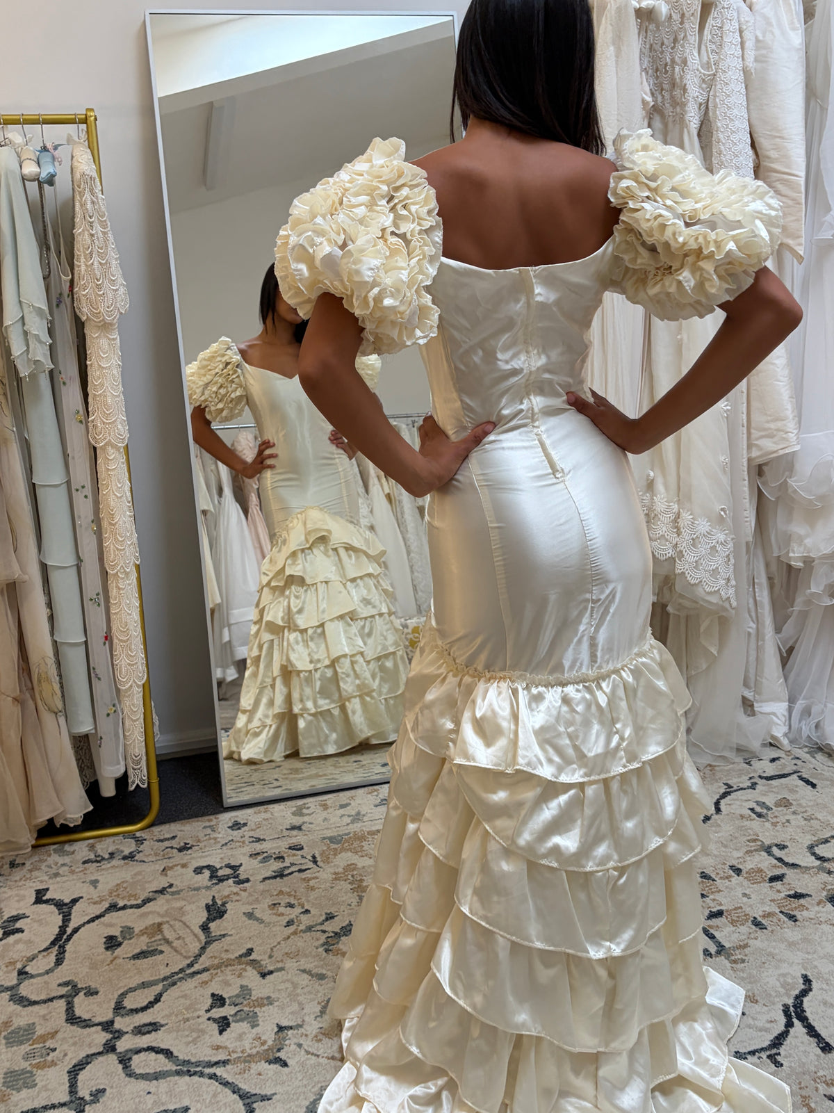 Vintage 00s cream satin drop waist tiered wedding dress
