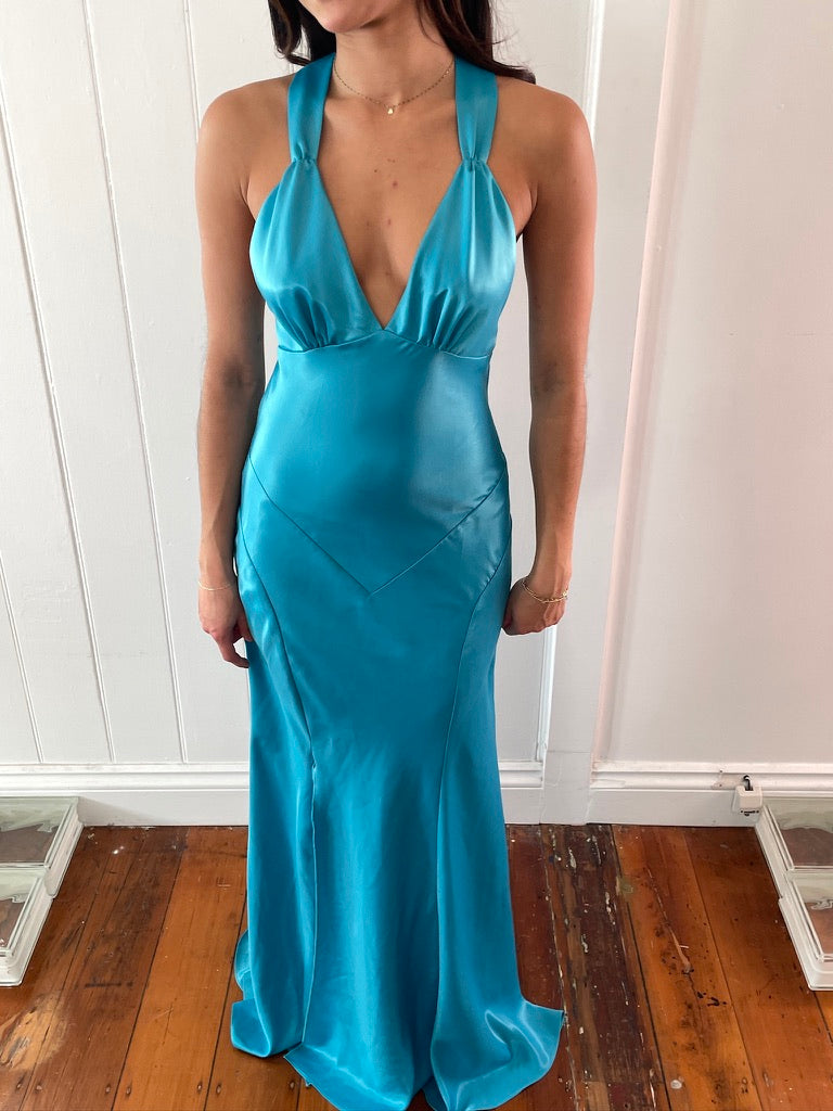 Vintage y2k Ruth Tarvydas aqua blue satin evening gown