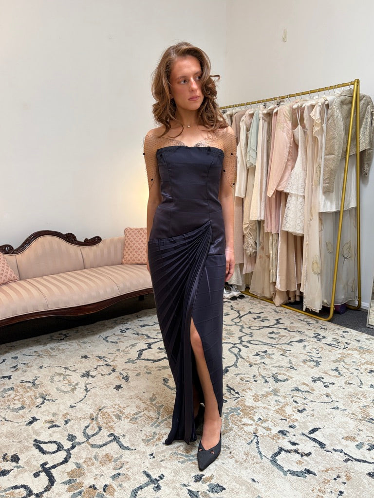 Vintage 00s strapless midnight pleated evening gown with net bolero