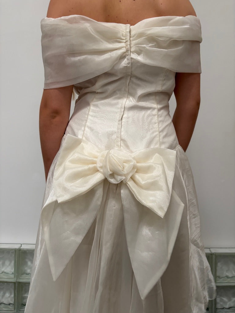 Vintage 90s basque waist organza tea length wedding dress