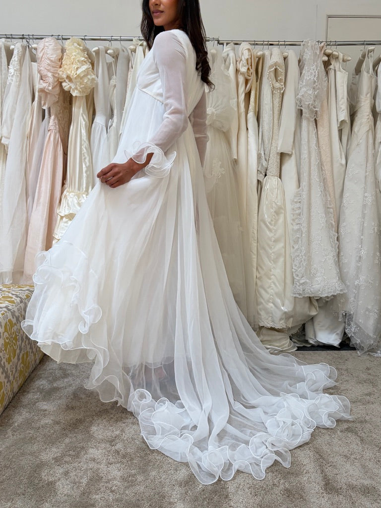 Vintage 70s Margo Prince ethereal ruffled chiffon long sleeve wedding dress with train