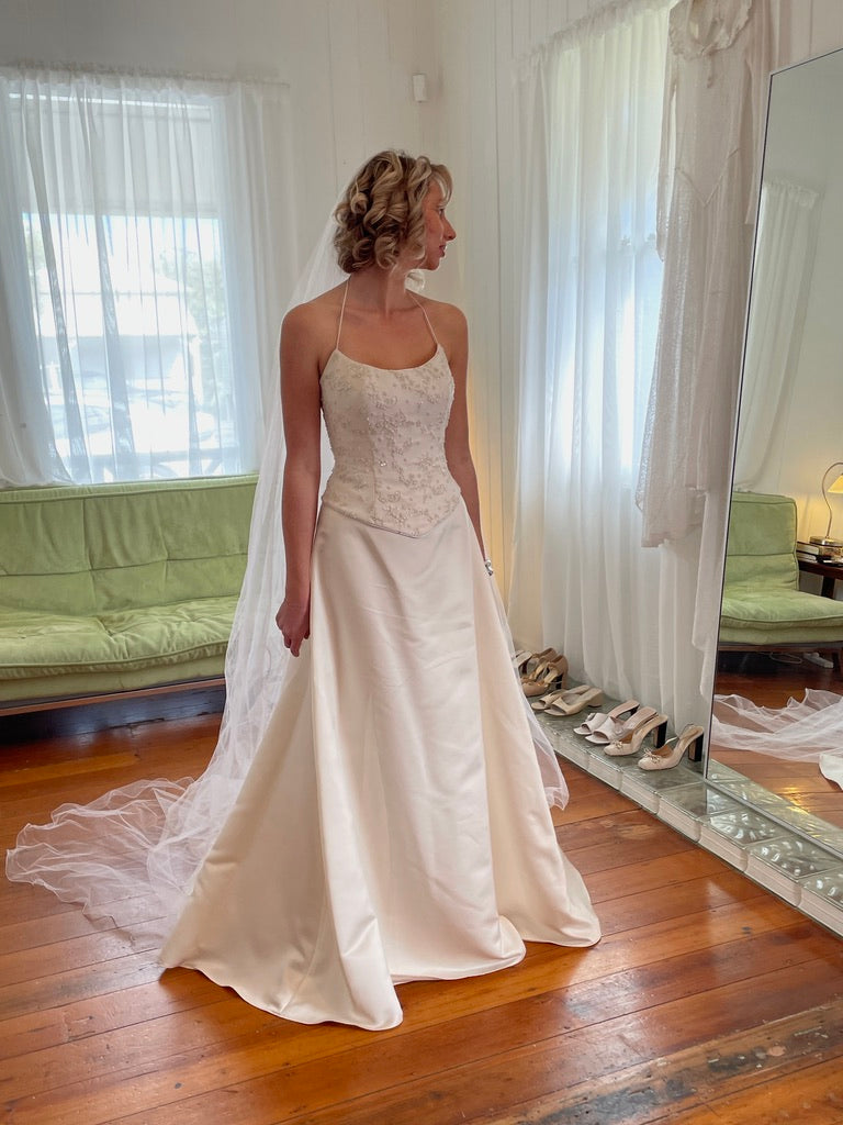 Vintage Y2K beaded basque waist satin corset and skirt set